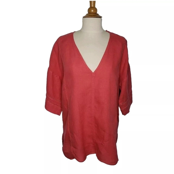 Zara 100% Linen Top V Neck Popover Drop Shoulder Small Poppy Red Hi Low - Picture 1 of 12